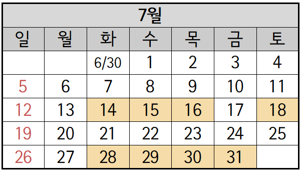 7월 14일~16일, 18일, 28일~31일