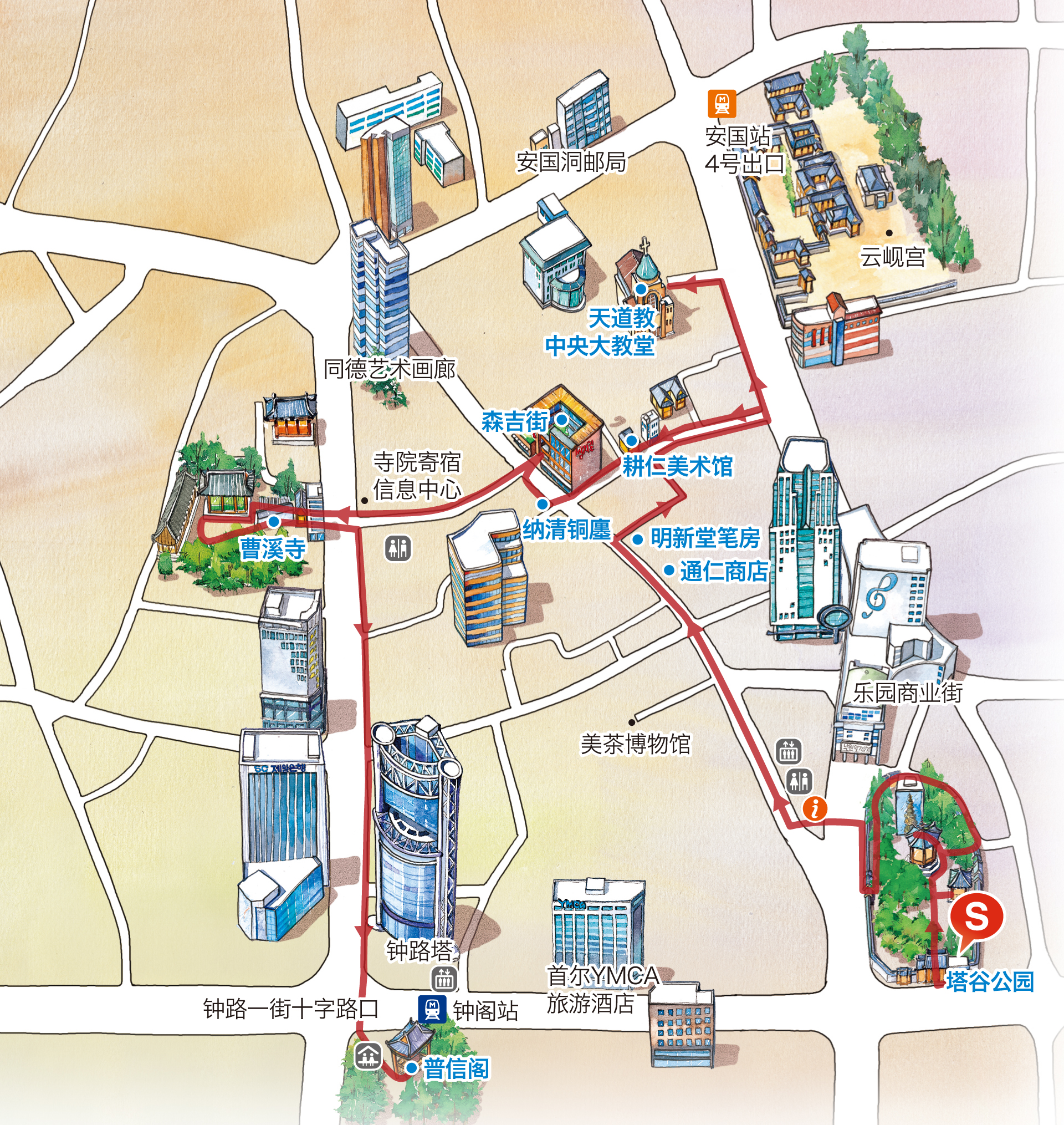 徒步观光路线地图 : 塔谷公园 – 通仁商店 – 明新堂笔房 – 天道教中央大教堂 – 耕仁美术馆 – 纳清铜器店 – 森吉街 – 曹溪寺(包含免费体验) – 普信阁