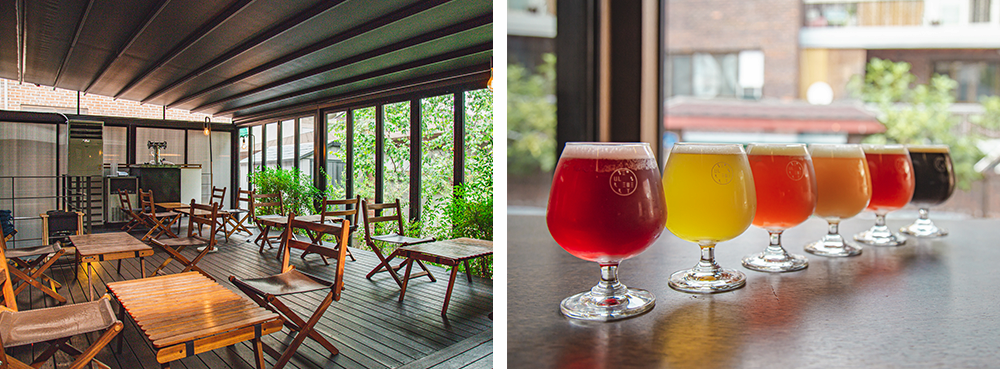 Interior of Seoul Brewery with a line of glasses filled with each kind of beer