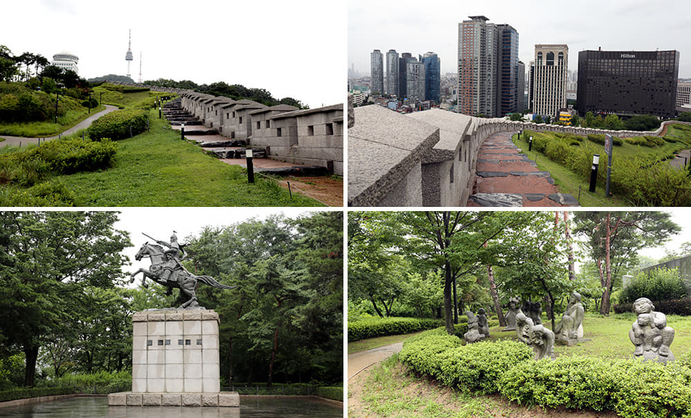 Gabungan empat gambar berbeza sudut Baekbeom Plaza, Namsan Park