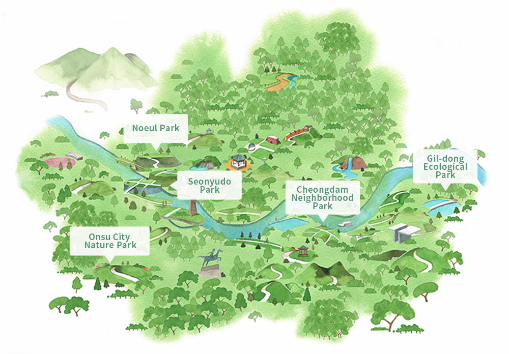 Park Image showing the locations of Noeul Park, Onsu City Nature Park, Seonyudo Park, Cheongdam Neighborhood Park, and Gil-dong Ecological Park