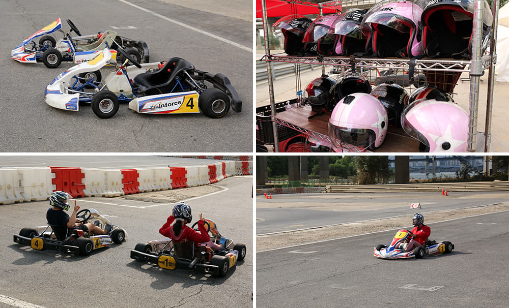 Gambungan empat gambar di Jamsil Kart Track. Gambar pertama, dua bauh kereta kart. Gambar kedua, gambar sejumlah helmet. Gambar ketiga, dua orang sedang memandu kereta kart. Gambar keempat, seorang sedang memandu kereta kart.