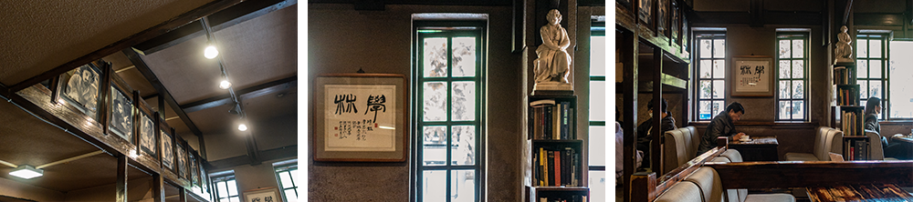 Three pictures showing the interior of the cafe, including a photo exhibit, windows and statues, and customers enjoying the retro vibe)