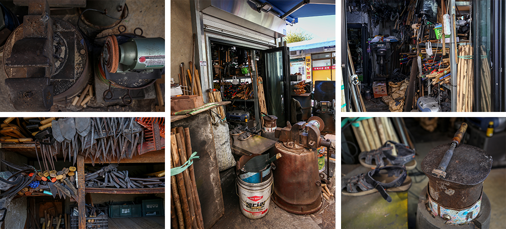 Five pictures showing the shop interior with tools laid out in use, as well as the shop exterior