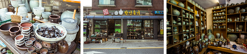 Three pictures showing pottery bowls on display and the interior and exterior of the shop