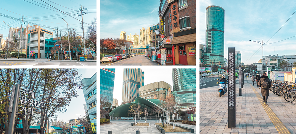 Top-left picture: A picture of a sidewalk on a large thoroughfare during the day with people walking; bottom-left picture: An entrance sign reading International Culture and Arts Street in Korean with trees, buildings, and a blue sky in the background; top-middle picture: A long sidestreet spanning into the disnace with parked cars on the left and businesses on the right; bottom-middle picture: A stage of a sort under an arched, layered roof with a large plaza area in front and some small trees; right picture: A main sidewalk next to a road with a delivery bike en route and others walking along it on a cold winter day