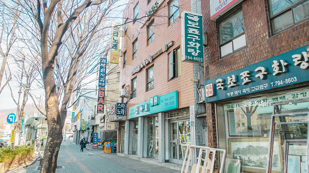 A Yongnidan-gil sidewalk stretching off in the distance with different shops and stores, including Gukbopyogu Gallery with the phone number (794-8603), a frame store, a bar, Star Karoke Room, and many more