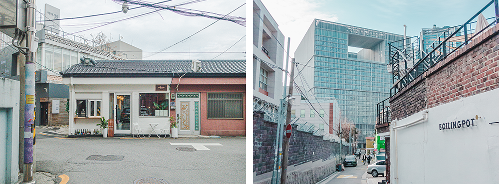 Left picture: A sidestreet witha quaint line of shops open during business hours with one painted in white, and the other painted in pink; right picture: A narrow alleyway with a store deck area on the right and a sign that reads, Boiling Pot, and a few people walking in the distance with a large building reflecting the blue color of the sky