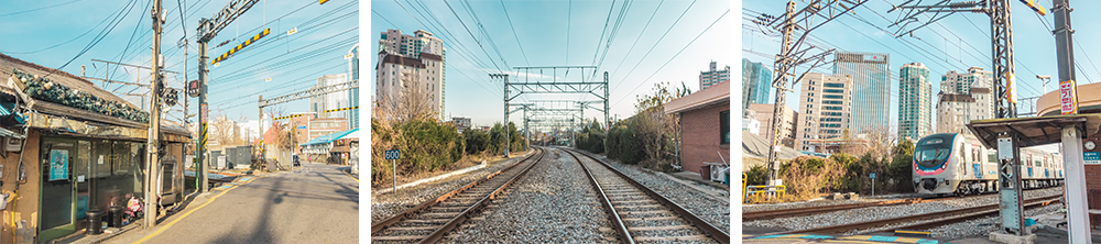 Left picture: A sidestreet by the tracks showing a long-time bar restaurant on the left and the street stretching off in the distance; middle picture: Tracks on either side stretching off in the distance on a rock-layered surface; right picture: A train passing on the tracks at street level during the day with buildings off in the distance