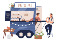 A streetside waffle bar with a male owner talking to a customer