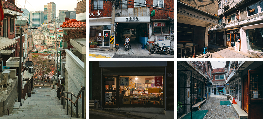 Left picture: Stairs with a metal railing going down toward an alleyway; top-middle picture: Sinheung Market entrance with a guy riding a motorcycle exiting the entrance; bottom-middle picture: A book and accessory store open during night hours with the owner looking at something; top-right picture: An alley with old buildings and outside seating and an arcade room nestled in between; bottom-right picture: A dirt alleyway with stores and restaurants in operation on either side and a butchershop off in the distance named, Chungnam Jeongyukjeom