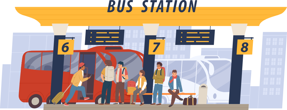 BUS STATION / 버스정류장 모습과 버스를 타고 기다리는 사람들 모습 일러스트, 정류장엔 6,7,8 플랫폼 번호가 크게 적혀있다