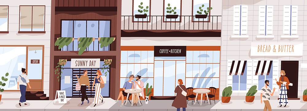 An illustration of people walking along a street, sitting out front of a cafe, etc. with different store signs that read Sunny Day, Coffee * Kitchen, and Bread & Butter