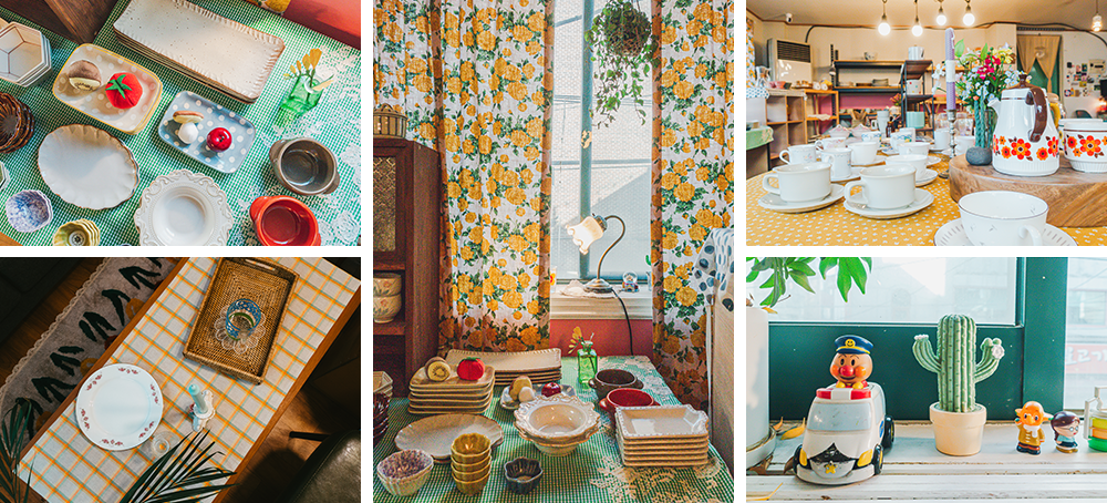 Upper-left picture: A table from above with colorful trays and plates places in a line; lower-left picture: A wooden table with a checkered tablecloth over it and a plate and tray sitting on top; middle picture: A table with a green tablecloth and various plates stacked on top with a floral curtain in the background and a small, quaint lamp sitting on the windowsill; upper-right picture: A line of cups on their saucers atop a polka-dot tablecloth; lower-right picture: Mini characters and figurines on display with a little cactus accessory placed on a table