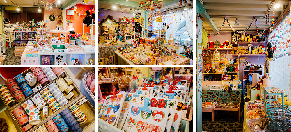 Upper-left picture: Store interior with all sorts of items, accessories, and more on display; lower-left picture: A close-up of different stickers and ribbons rolled up on display; upper-middle picture: Another shot of the store inteior with all the colorful items of the store hanging on display and on tables with some other decor even hanging from the ceiling; lower-middle picture: A close-up of stickers with cartoon characters and red and blue clips at the top of each sticker sheet; right picture: Another shot of the store interior with colorful decor and accessories displayed throughout