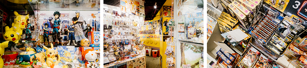 Left picture: Dolls and figures on display on glass shelving with Pikachu dolls lining the left side; middle picture: Store inteior showing a large collection of different accessories and figurines with a yellow wall lining the right side; right picture: A top-doown look at the collector card packs on sale