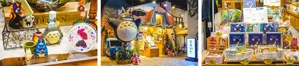 Left picture: A close-up of cute cat characters in blue, black and olive green; middle picture: The store front showing the store located inside a small cottage like structure within the mall and a large cat figure outside; right picture: Some stationary and items on display on a shelf at the frontside of an aisle