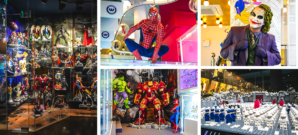 Left picture: Figurines encased within a glass display in a dark corner; upper-middle picture: A figure of spiderman crouched down ready to make his next move at the edge of a shelf; lower-middle picture: Large figures of Marvel characters cluttered together from Hulk to Spiderman and the Hulkbuster; upper-right picture: A smiling Joker figure from the movie Dark Knight; lower-right picture: Tiny lego figures lined up with their backs turned to the camera