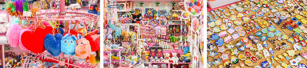 Left picture: Small colorful character keychains hanging on display; middle picture: The store interior showing all sorts of accessories and dolls galore without an empty space in sight; right picture: A collection of small broaches and pins lined up next to each other depicting various characters