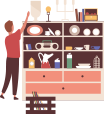 A man reaching from the items on the top shelf of dishware cabinet