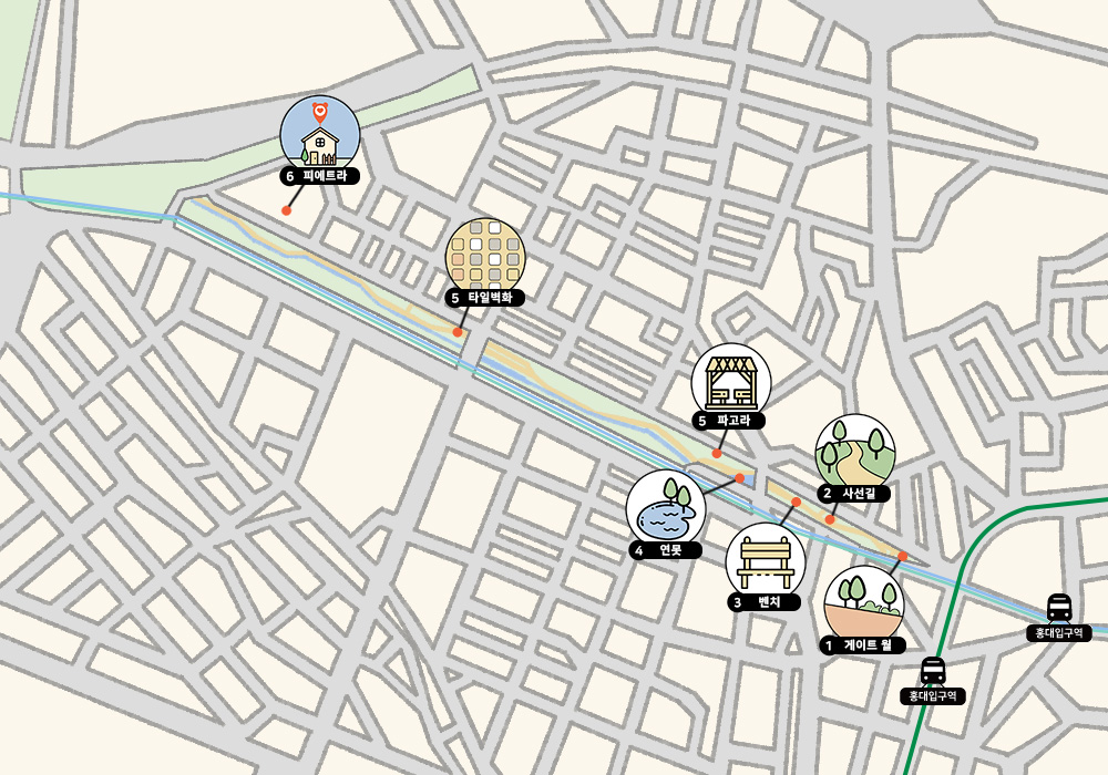 연남동 경의선 숲길 '연트럴파크'의 일러스트 지도. 우측하단에는 2호선, 경의중앙선 홍대입구역이 보인다. 홍대입구역에서 가까운쪽부터 일직선으로 콘텐츠에서 소개한 게이트월, 사선길, 벤치, 연못, 파고라, 타일벽화가 차례대로 우측하단에서부터 좌측상단까지 이어진다. 좌측상단 코스의 마지막에는 젤라또 전문점 피에트라가 아기자기한 아이콘으로 그려져있다.