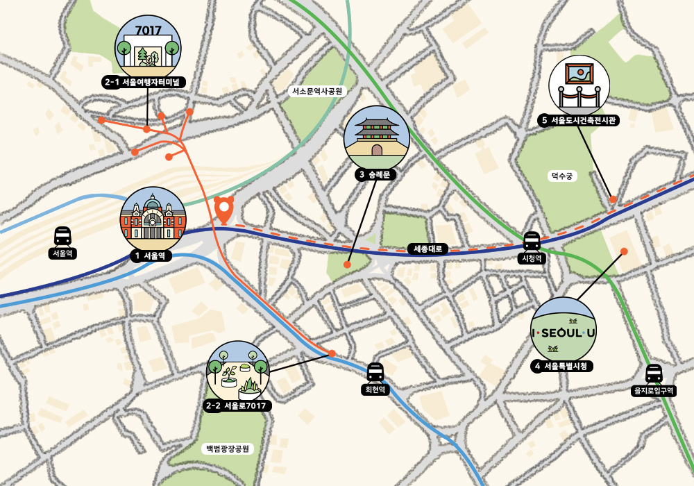 Illustrated map of the location of the buildings introduced in the eighth episode of the Visit Seoul x ArchiBear's Seoul Architecture Tour series. Line 1 crosses the center of the map. Starting with Seoul Station, the first building in the center left. Then go to Seoul Traveller's Lounge, Seoul 7017, and to the right is Sungnyemun Gate, the third destination. The Seoul Metropolitan Government and the Seoul City Architecture Exhibition Hall are marked with cute images on the right most part of the map.