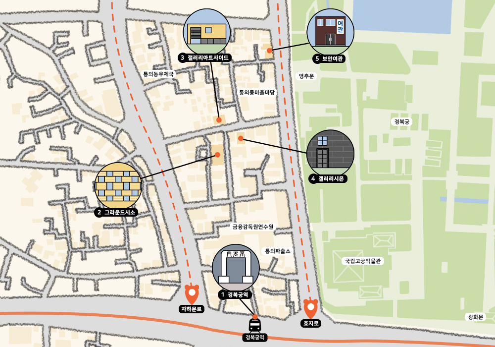 An illustrated map of the places introduced in the 9th episode of A Tour of Seoul's Streetside Architecture. Gyeongbokgung Station on Line 3 is located in the center bottom of the map, and Gyeongbokgung Palace is located on the right. Above Gyeongbokgung Station, the first course, is the Tongui Police Box and the Financial Supervisory Service Training Center. Ground Seesaw, Artside Gallery, and Gallery Simon are located in the upper area. The last security building introduced is located above the right corner of the three galleries, just opposite of Gyeongbokgung Palace.