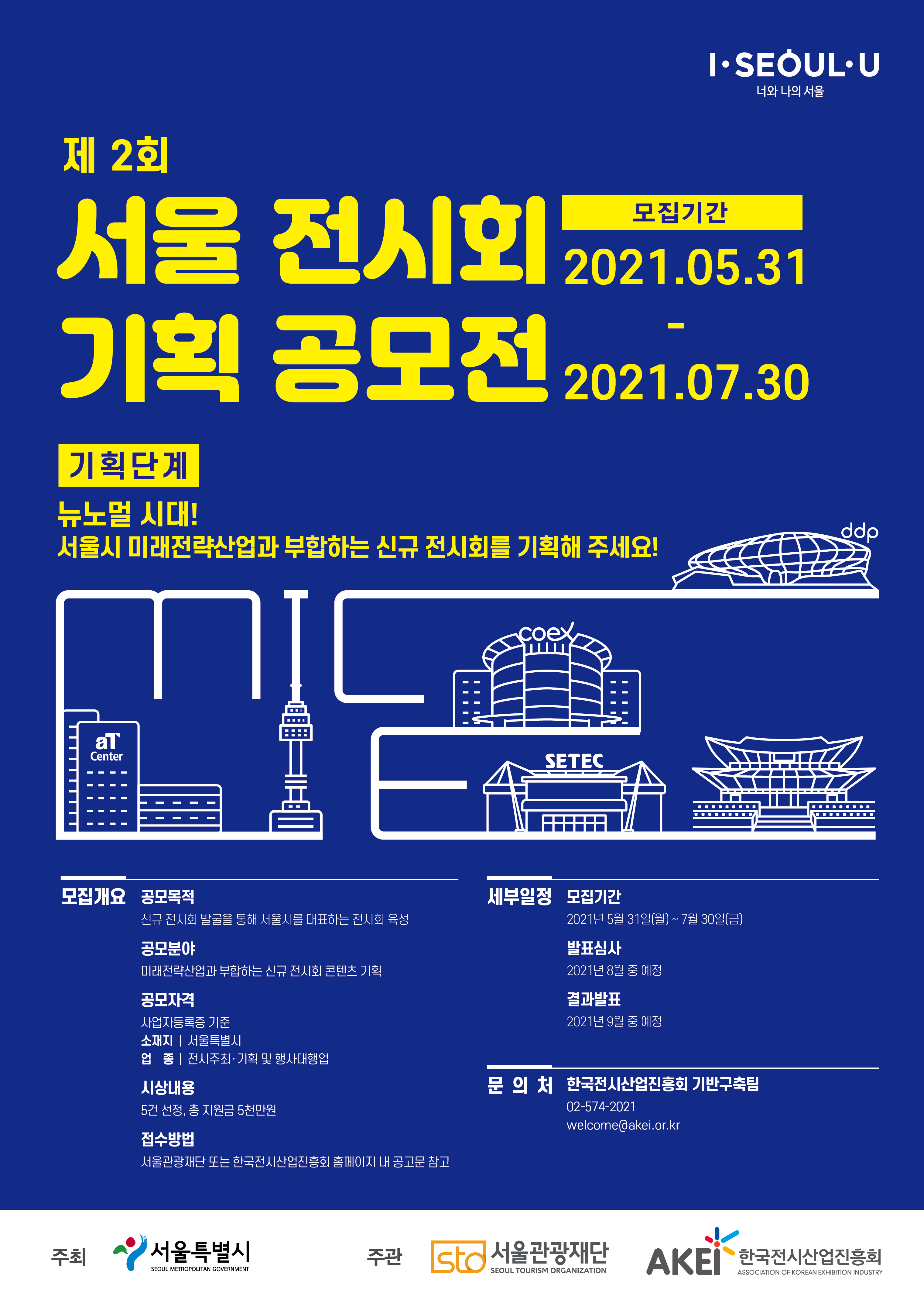 2021년 제2회 서울 전시회 기획 공모전 공고. 모집 기간 : 2021.05.31 ~ 2021.07.30. 기획단계 : 뉴노멀 시대! 서울시 미래전략산업과 부합하는 신규 전시회를 기획해 주세요! 공모 목적 : 신규 전시회 발굴을 통해 서울시를 대표하는 전시회 육성. 공모 분야 : 미래전략산업과 부합하는 신규 전시회 콘텐츠 기획. 공모 자격 : 사업자등록증 기준 소재지 서울특별시 업종 전시주최 기획 및 행사대행업. 시상내용 : 5건 선정, 총 지원금 5천만원. 접수 방법 : 서울관광재단 또는 한국전시산업진흥회 홈페이지 내 공고문 참고. 모집 기간 : 2021년 5월 31일(월) ~ 7월 30일(금). 발표 심사 : 2021년 8월 중 예정. 결과 발표 : 2021년 9월 예정. 문의처 : 한국전시산업진흥회 기반구축팀 02-574-2021, welcome@akei.co.kr