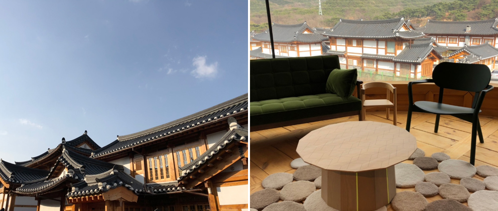 1) Main entrance of the Eunpyeong Hanok Village, 2) Interior view of a cafe inside the Hanok Village