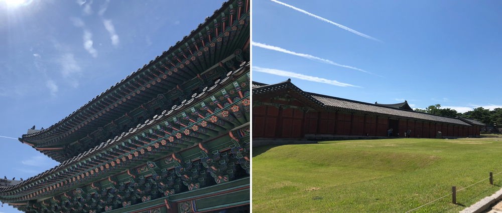 1) Upward view of the Changgyeong-gung Palace from the outside, 2) Exterior view of the Changgyeong-gung Palace garden