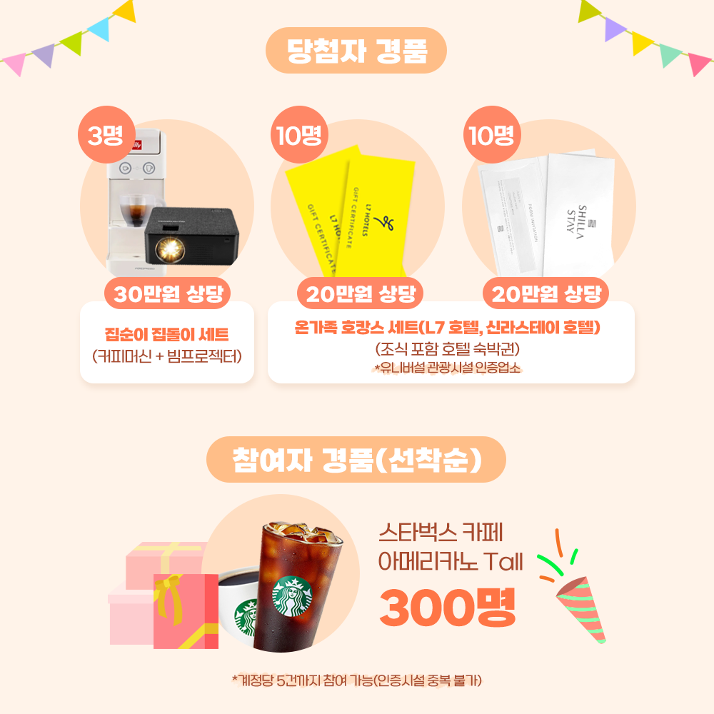 당첨자 경품  3명 30만원 상당 집순이 집돌이 세트 (커피머신+빔프로젝터), 10명 20만원 상당 온가족 호캉스 세트(L7호텔)(조식 포함 호텔 숙박권) *유니버설 관광시설 인증업소, 10명 20만원 상당 온가족 호캉스 세트(신라스테이 호텔)(조식 포함 호텔 숙박권) *유니버설 관광시설 인증업소, 참여자 경품(선착순) 스타벅스 카페 아메리카노 Tall 300명 *계정당 5건까지 참여 가능(인증시설 중복 불가)