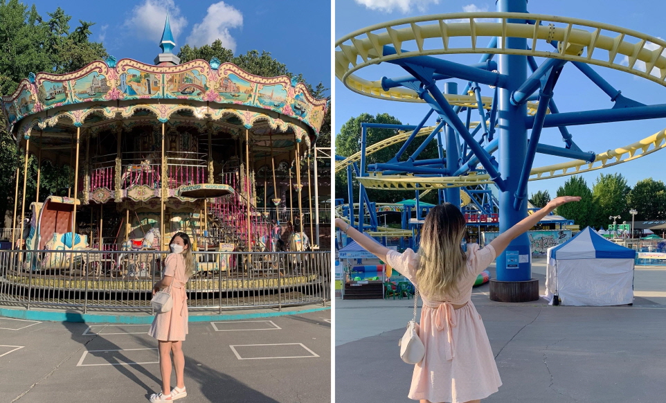 Dua gambar. Bahagian kanan: roller-coaster hijau kelihatan di latar seorang wanita. Bahagian kiri: Seorang wanita berdiri di hadapan merry-go-round.