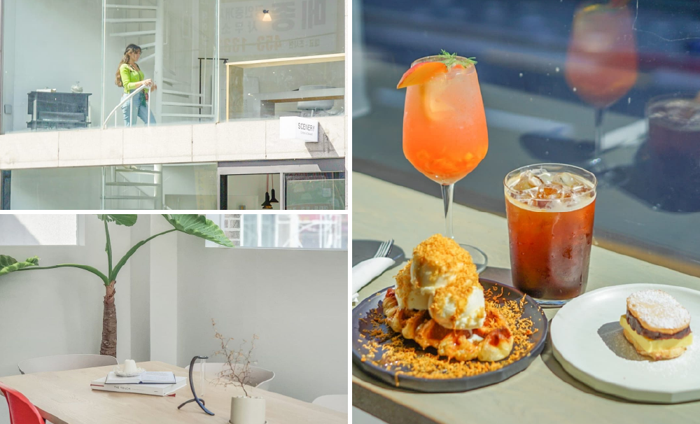 A picture that's divided into three. In the upper left corner, there is an image of a woman climbing up the stairs inside the cafe. At the bottom left, the table inside the cafe and the image of the flowerpot. On the right, croiffle, coffee, and beverage images on the right.
