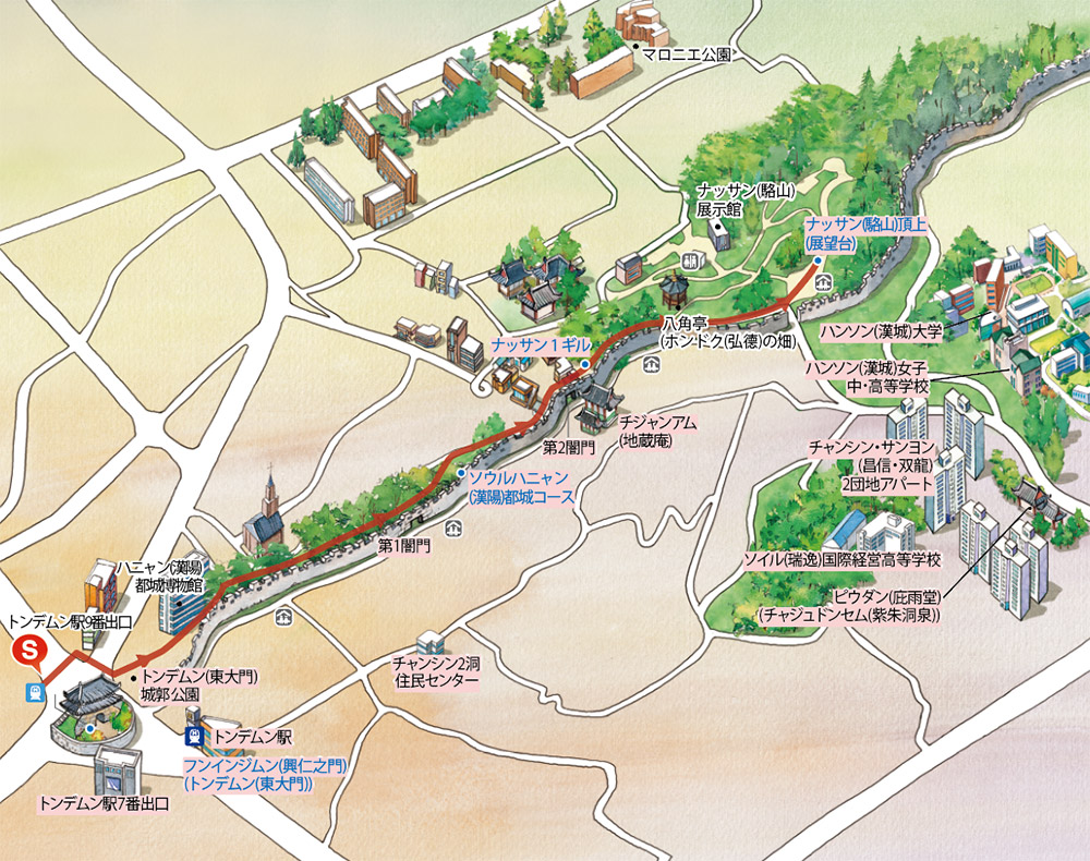 コース案内: 東大門９番出口―興仁之門―漢陽都城―漢陽都城西道１コースー都城公園遊び場ー