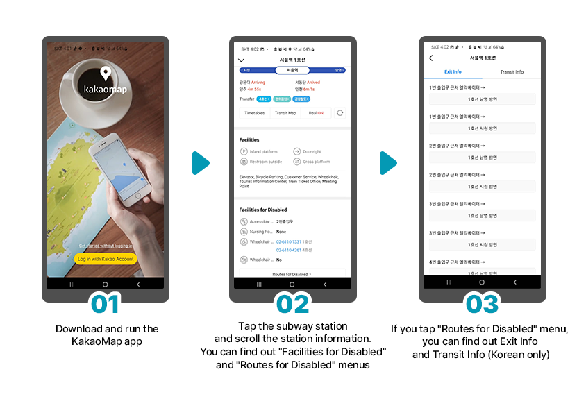 Instructions on KakaoMap First step: Download and run the KakaoMap app Second step: Tap the subway station and scroll the station information. You can find out Facilities for Disabled menu and Routes for Disabled menu. Third step: If you tap Routes for Disabled menu, you can find out Exit info and Trasit Info in Korean
