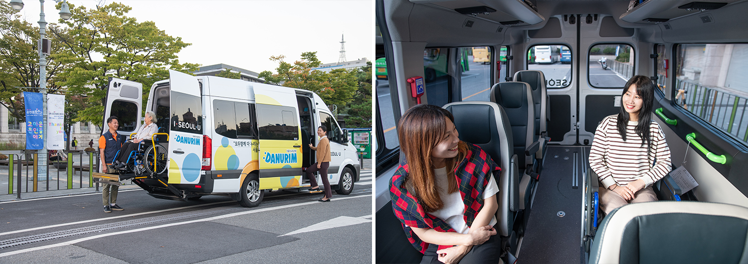 Merged two photos Left: An old woman in wheelchair getting off from a minivan through a wheelchair ramp Right: Two passengers, including one wheelchair user, sitting in a wheelchair accessible minivan