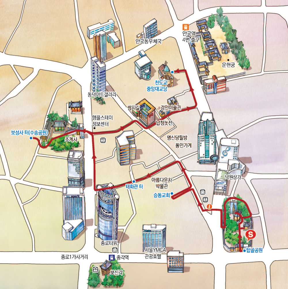 인사동 코스 동선안내: 탑골공원 → 승동교회 → 태화관 터 → 보성사 터(수송공원) → 천도교 중앙대교당