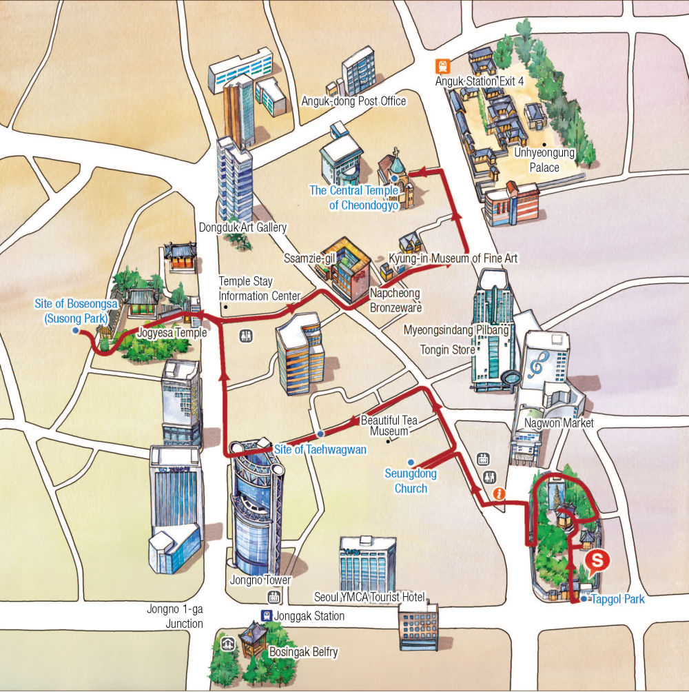 Rout : Tapgol Park → Seungdong Church → Site of Taehwagwan → Site of Boseongsa (Susong Park) → Central Temple of Cheondogyo