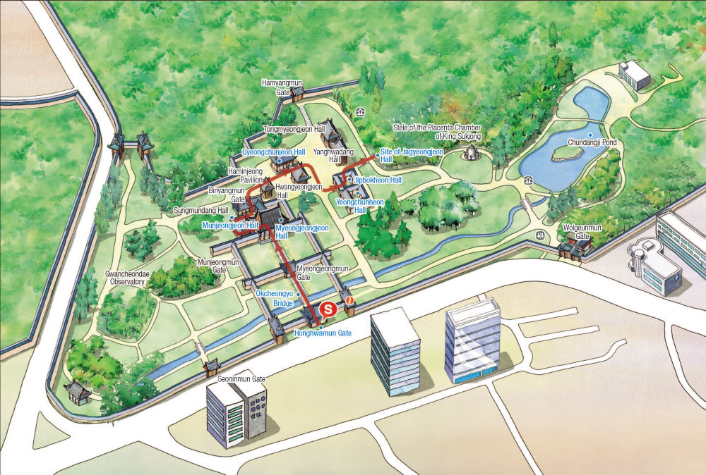 Rout : Honghwamun → Okcheongyo Bridge → Myeongjeongjeon → Munjeongjeon → Gyeongchunjeon → Yeongchunheon → Site of Jagyeongjeon