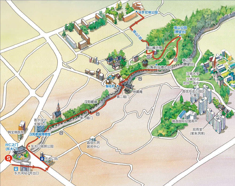 参观路线 : 兴仁之门 → 汉阳都城博物馆 → 梨花村 → 骆山公园 → 骆山1街 → 马罗尼埃公园