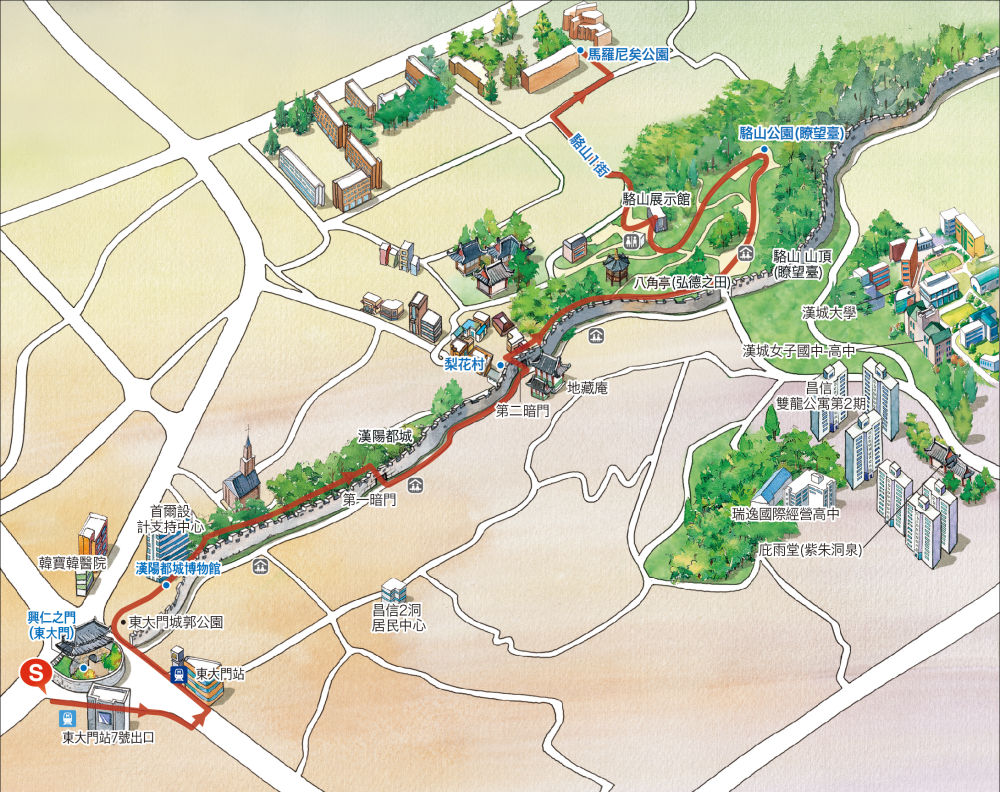 遊覽路線 : 興仁之門 → 漢陽都城博物館 → 梨花村 → 駱山公園 → 駱山1街 → 馬羅尼埃公園