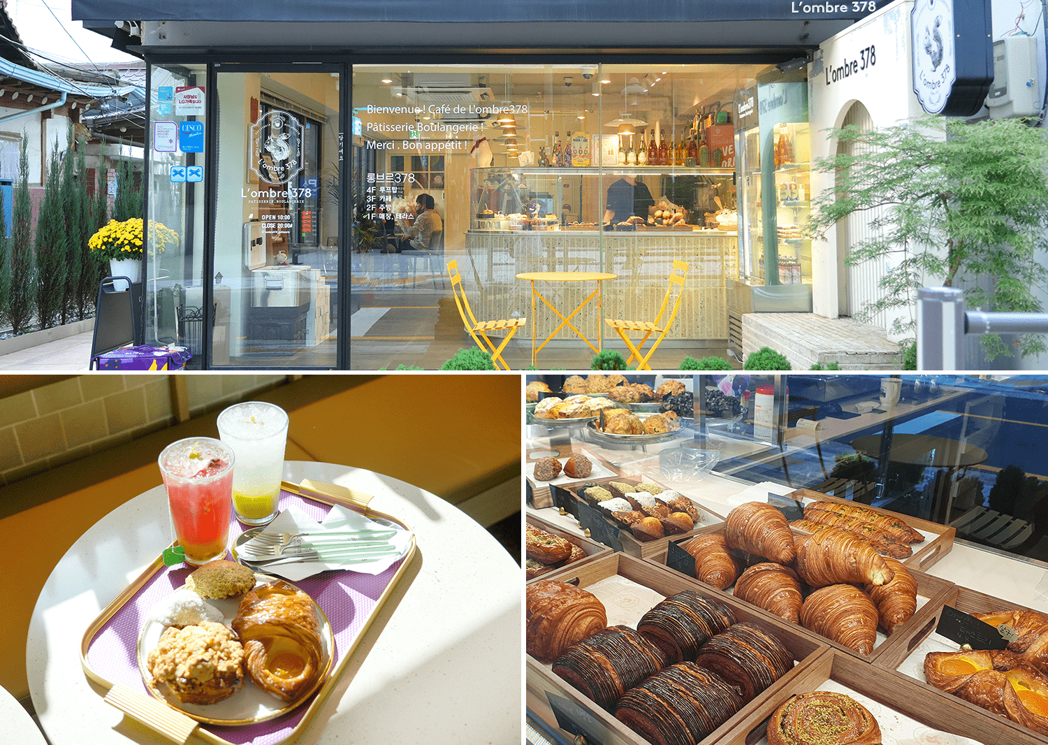 First picture: Exterior view of Lombre 378 store with outdoor seating.  Second picture: Dessert menu and ade drinks of Lombre 378.  Third picture: Lombre 378 is a dessert café selected by Blue Ribbon, where customers can taste a variety of bakeries.