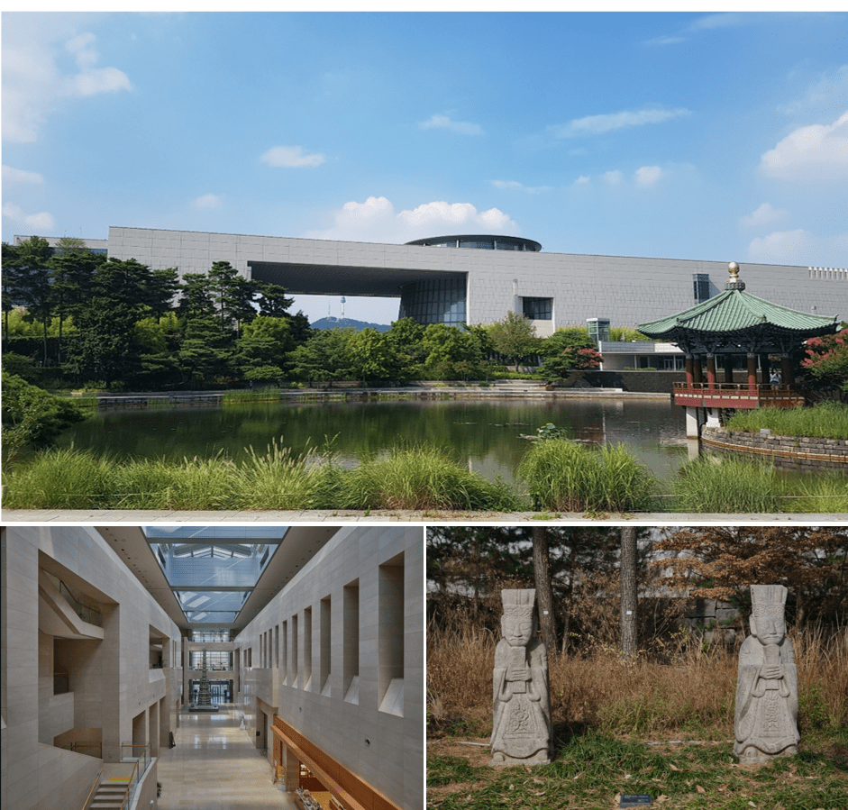 First photo: Exterior view of the National Museum of Korea where the Mirror Pond and the Cheongjajeong (Celadon Pavilion)  Second photo: Interior view of the National Museum of Korea, vast enough to display a tower  Third photo: Muninseok (a human-shaped stone sculpture) that guarded the royal tomb during the Joseon Dynasty