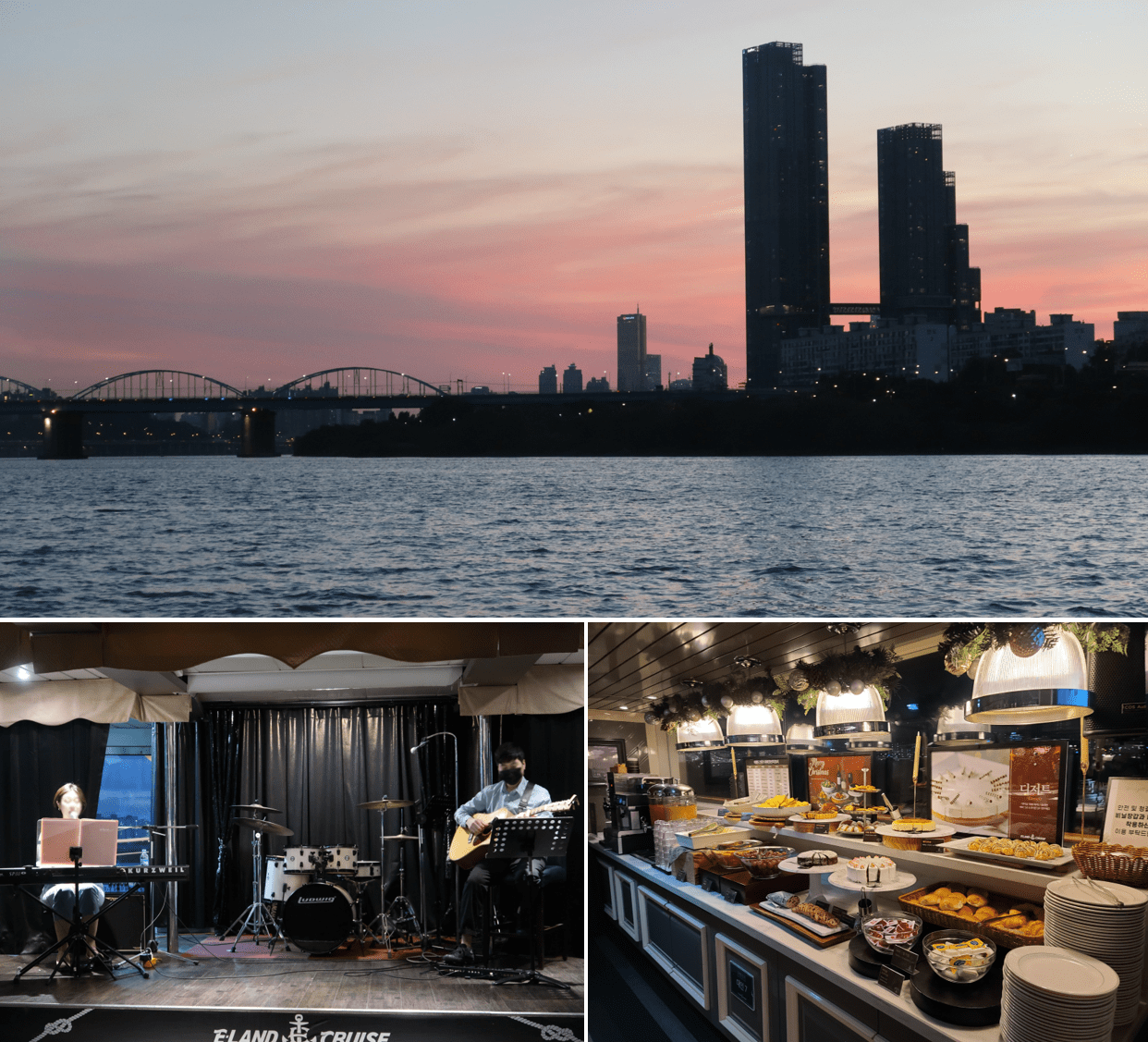 First photo: The downtown building and Han river in the sunset seen from the cruise  Second photo: A woman and man playing the guitar and piano in the cruise   Third photo: Appetizing food prepared for the dinner cruise buffet