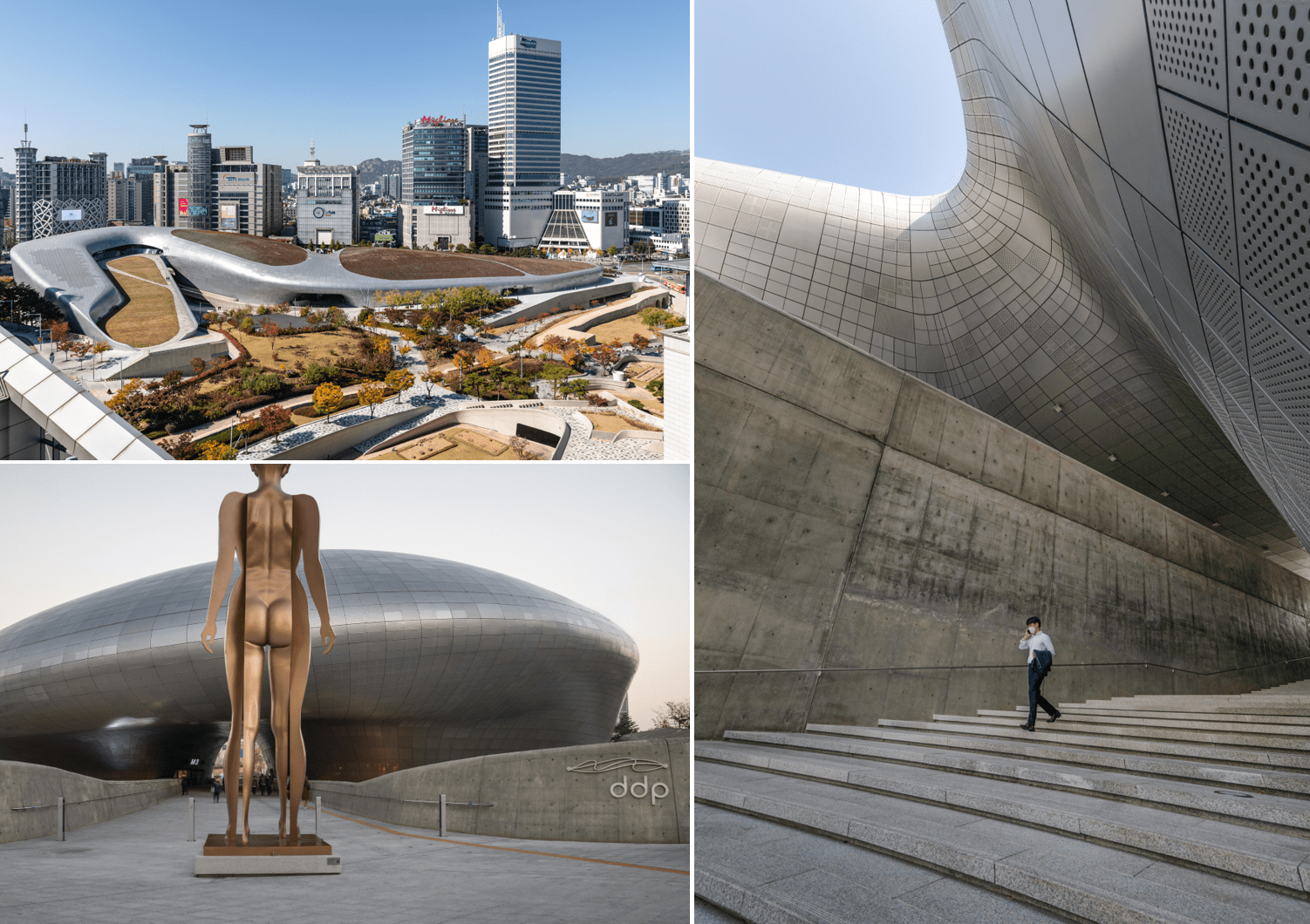 First photo: Exterior view of Dongdaemun Design Plaza and the tall buildings from a high place  Second photo: Dongdaemun Design Plaza seen behind a giant bronze human sculpture of Kim Won Young, a sculptor who carved the statue of Sejong the Great in Gwanghwamun  Third photo: A person walking down the stairs between the humongous Dongdaemun Design Plaza buildings